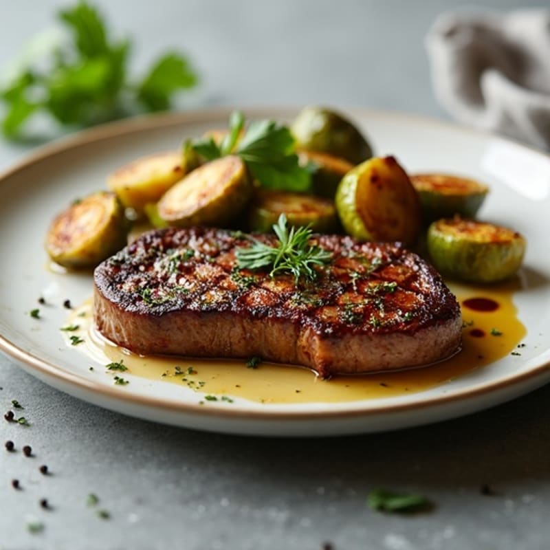 Garlic Herb Pan-Seared Steak with Crispy Roasted Brussels Sprouts