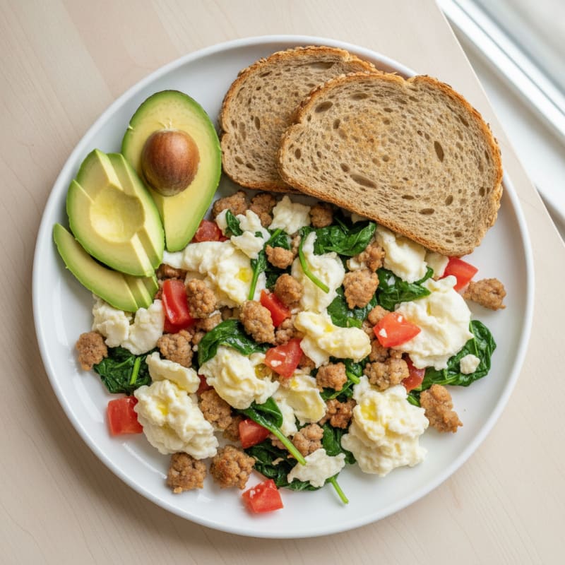 Egg White and Turkey Sausage Scramble with Spinach and Tomato