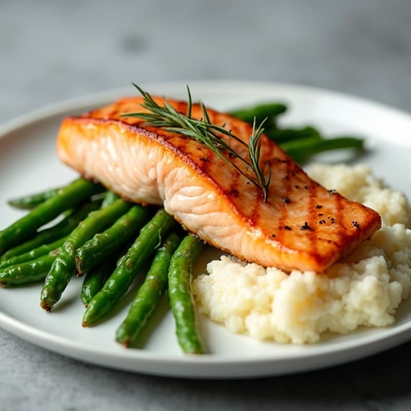 Seared Salmon with Garlic Green Beans and Cauliflower Mash