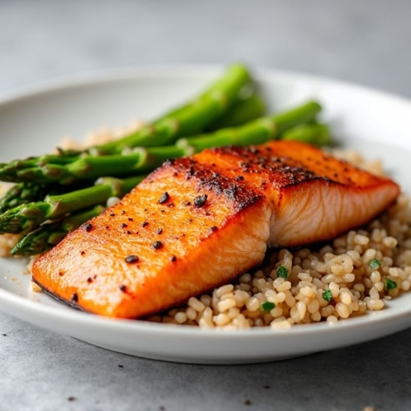 Seared Salmon Fillet with Steamed Asparagus and Brown Rice