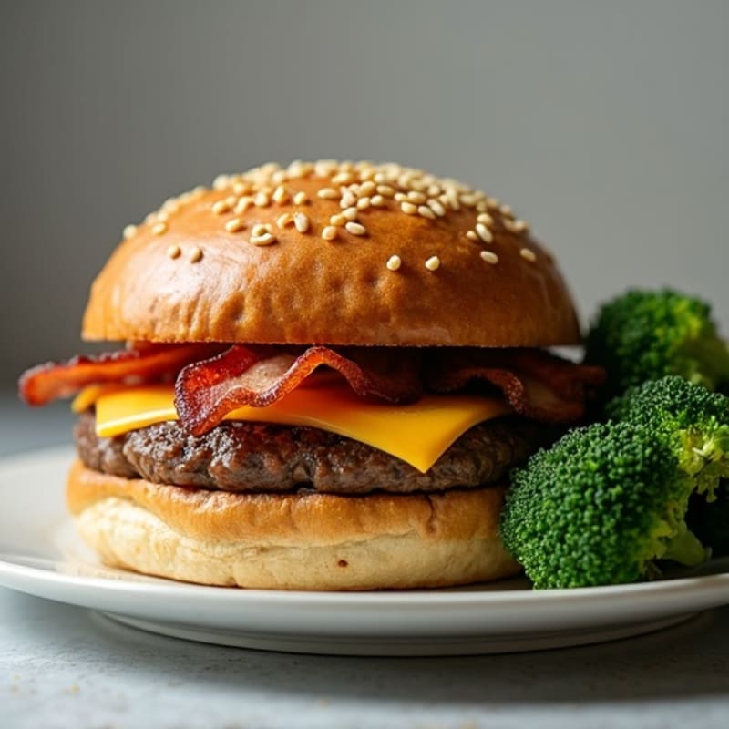 Lean Beef Cheeseburger with Crispy Turkey Bacon and Roasted Broccoli