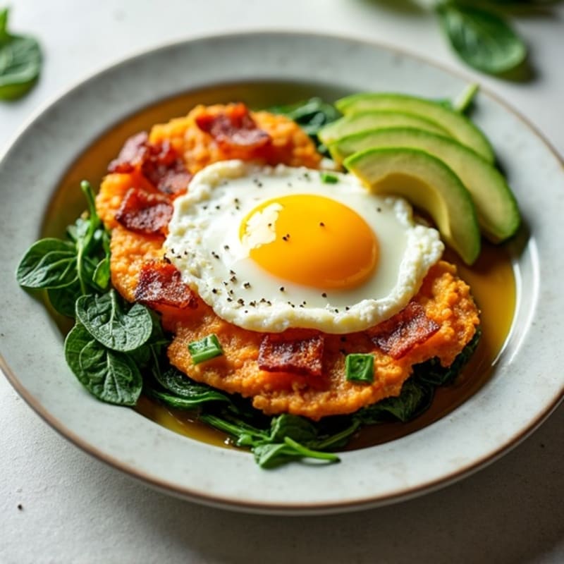 Crispy Turkey Bacon and Spinach Egg Scramble with Sweet Potato