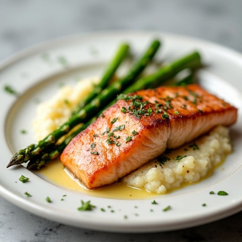 Seared Salmon with Steamed Asparagus and Cauliflower Mash