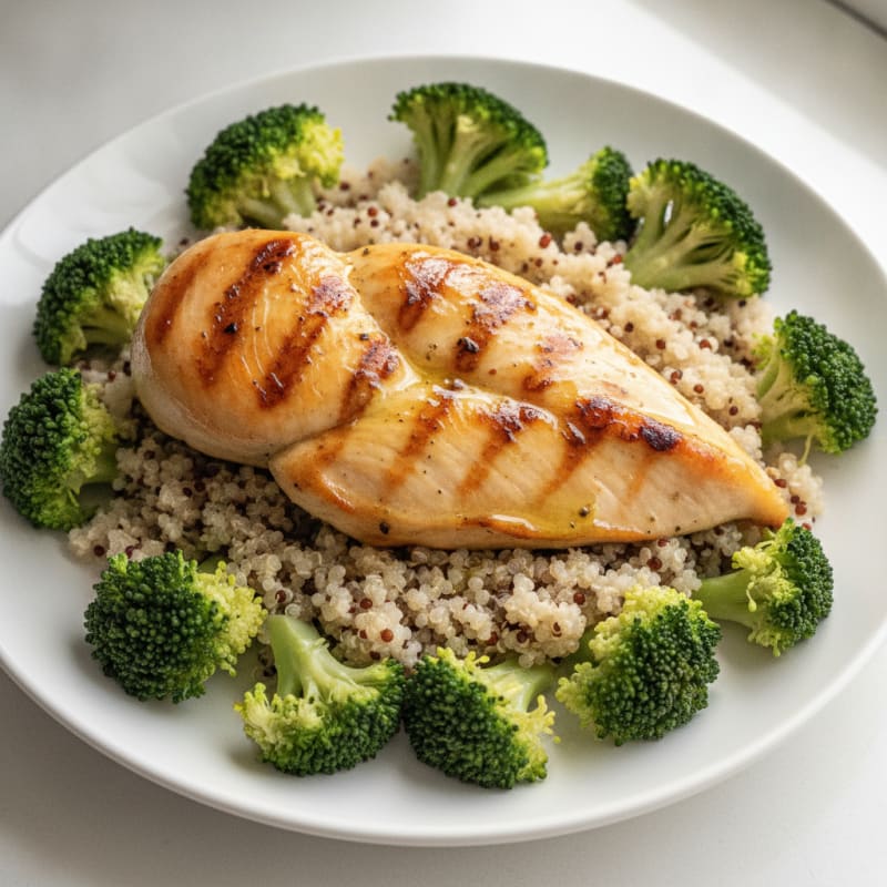 Grilled Lemon Chicken Breast with Quinoa and Steamed Broccoli