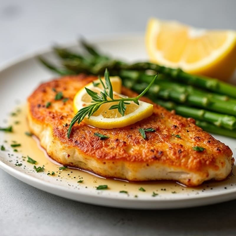 Crispy Pan-Seared Chicken Breast with Roasted Lemon Asparagus