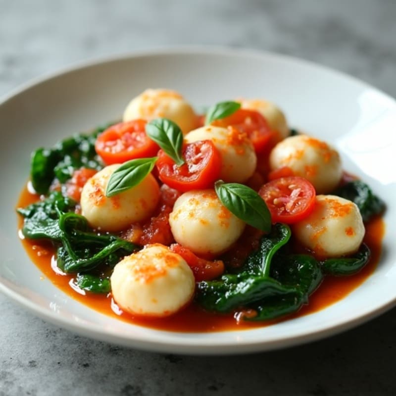 Ricotta Gnocchi with Fresh Tomato-Basil Sauce and Sautéed Spinach
