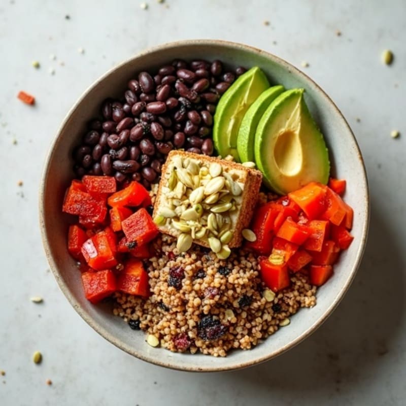 Spiced Black Bean and Quinoa Bowl with Roasted Peppers and Creamy Avocado