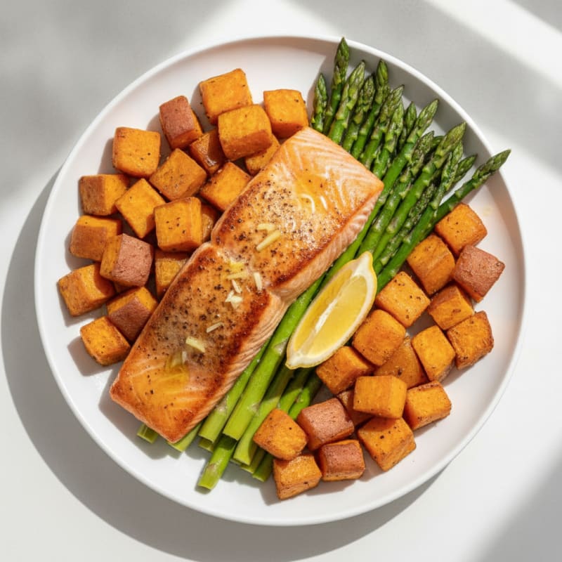 Seared Salmon with Roasted Sweet Potatoes and Asparagus