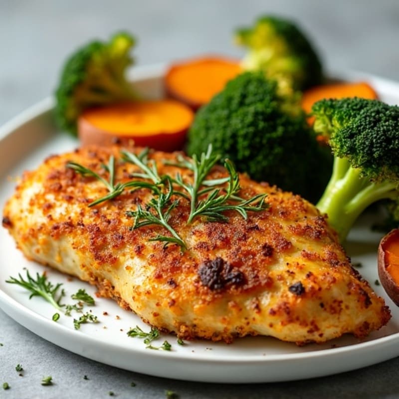Crispy Herb-Crusted Chicken with Roasted Broccoli and Sweet Potato
