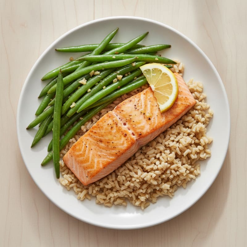 Seared Salmon with Garlic Green Beans and Brown Rice