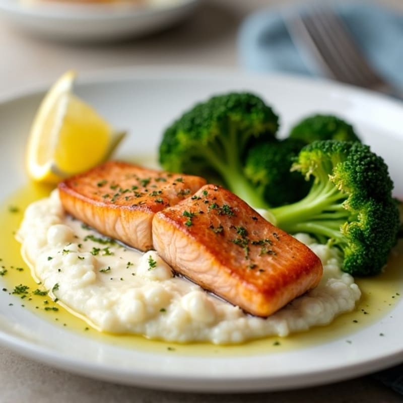 Seared Salmon with Creamy Garlic Cauliflower Mash and Steamed Broccoli