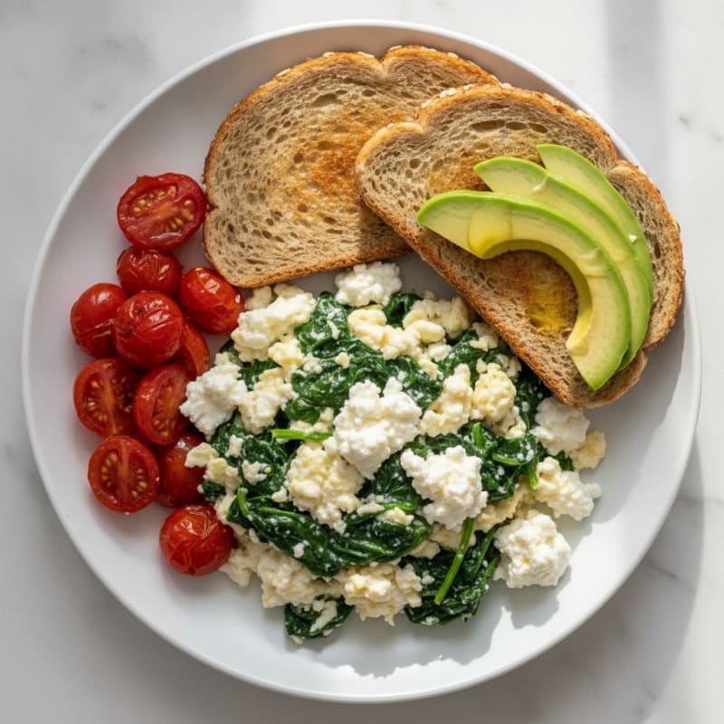 Egg White Spinach Scramble with Cottage Cheese and Cherry Tomatoes