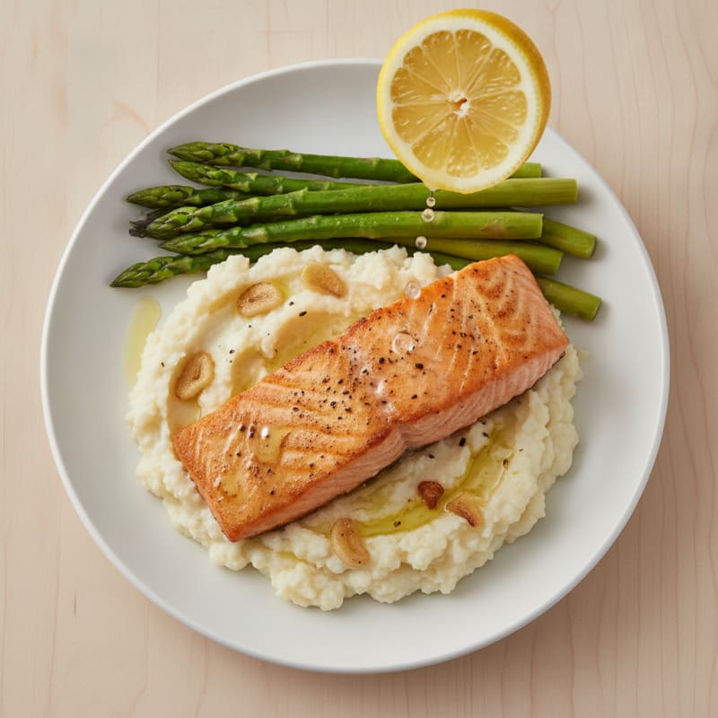 Seared Salmon with Steamed Asparagus and Garlic Cauliflower Mash