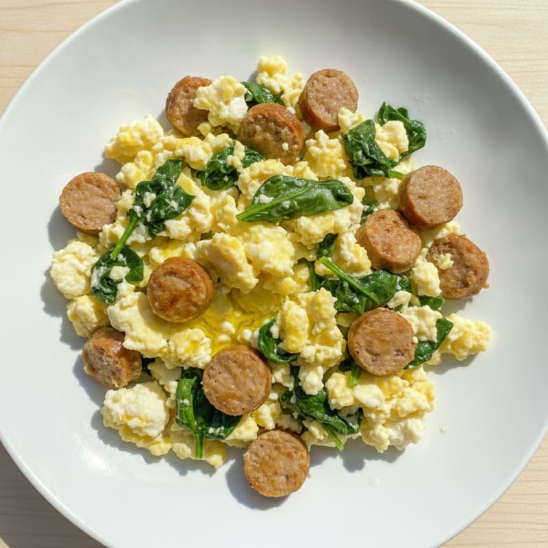 Egg White Scramble with Turkey Sausage and Sautéed Spinach