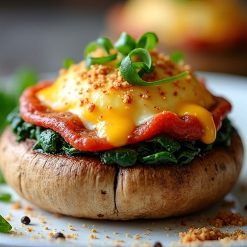 Roasted Cheesy Stuffed Portobello Mushrooms with Savory Turkey Pepperoni