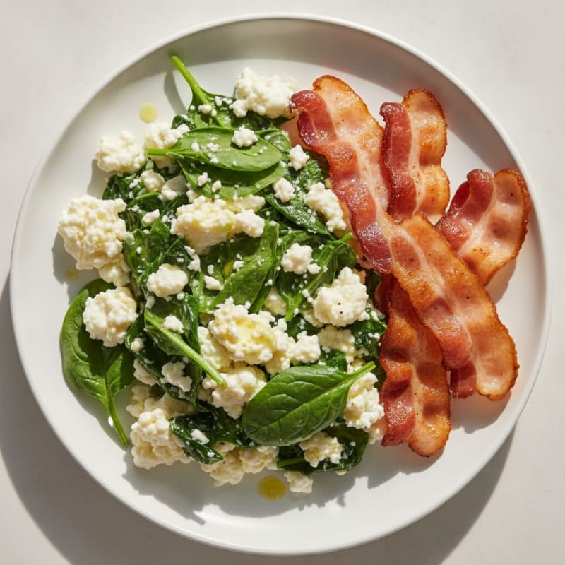 Cottage Cheese Egg White Scramble with Spinach and Turkey Bacon