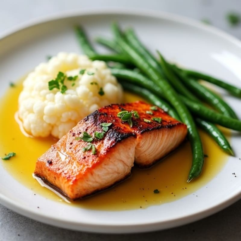 Seared Salmon Fillet with Garlic Green Beans and Cauliflower Mash