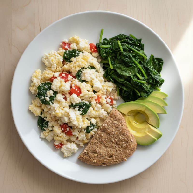 Egg White Veggie Scramble with Cottage Cheese and Sautéed Spinach