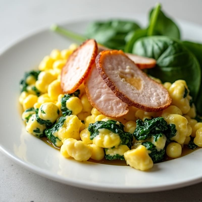 Egg White and Spinach Scramble with Cottage Cheese and Sliced Turkey