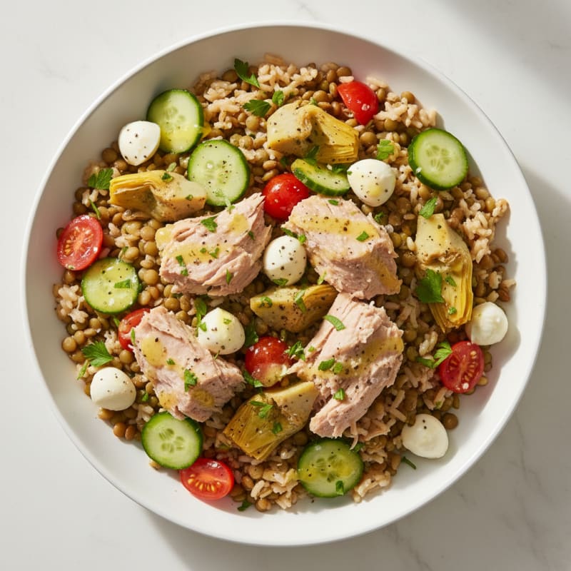 Tuna, Artichoke, and Lentil Rice Bowl