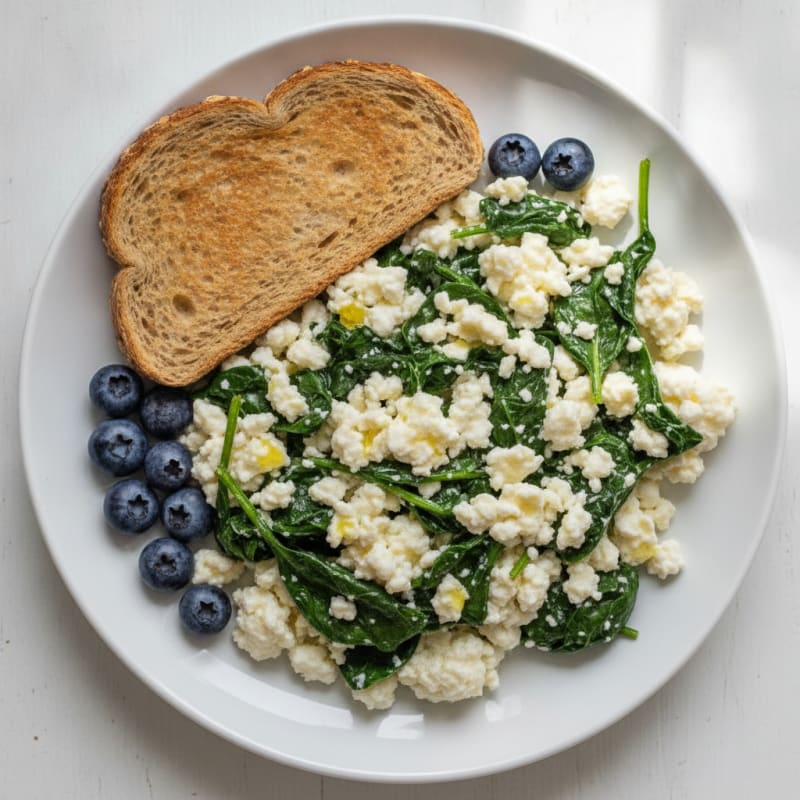 Egg White and Cottage Cheese Scramble with Sautéed Spinach