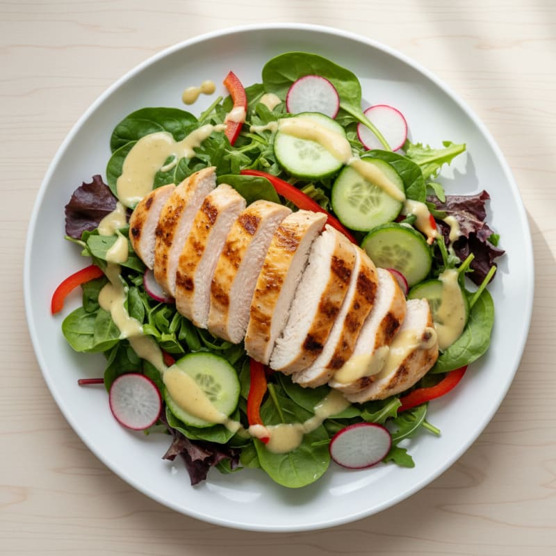 Grilled Chicken Salad with Crunchy Vegetables and Lemon-Tahini Dressing