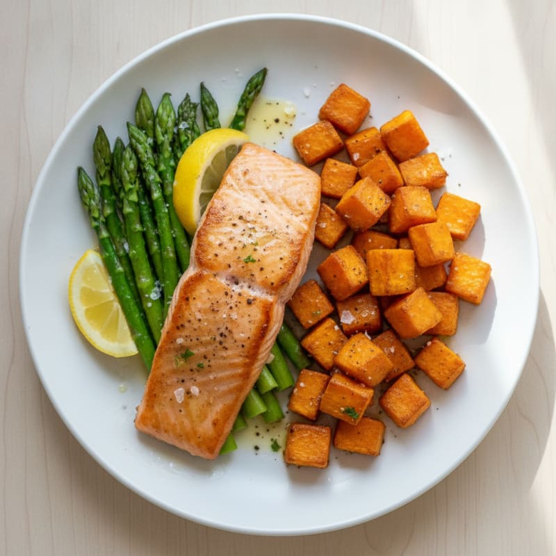 Seared Salmon with Roasted Sweet Potato and Asparagus