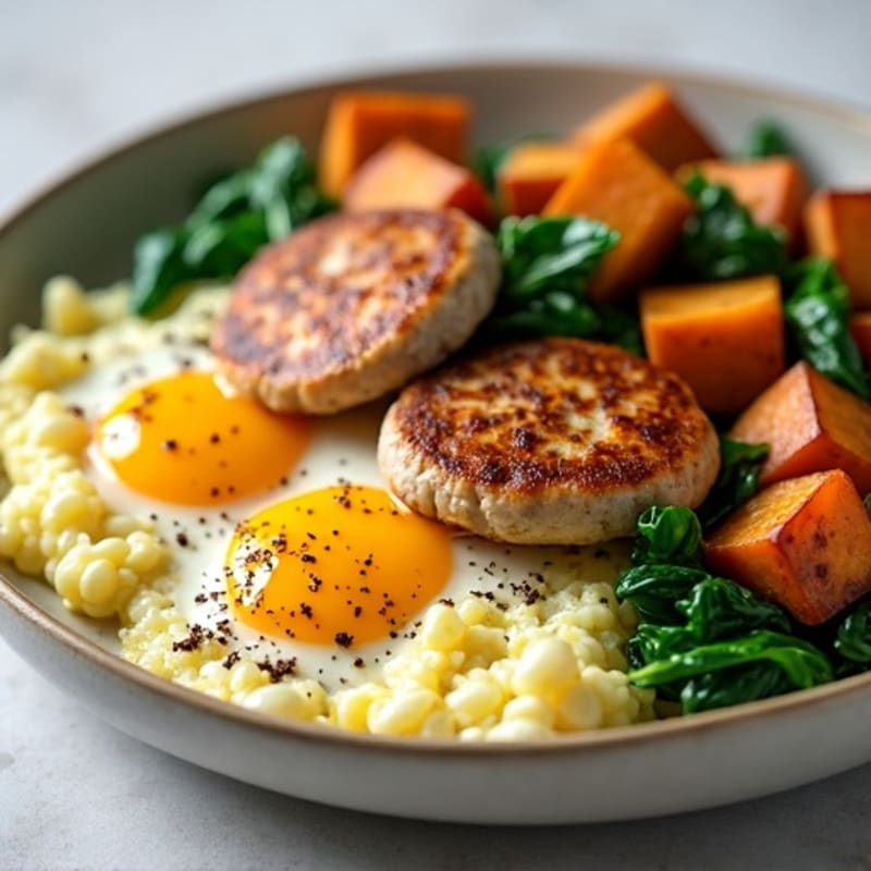 Egg White and Turkey Sausage Scramble with Spinach and Roasted Sweet Potatoes