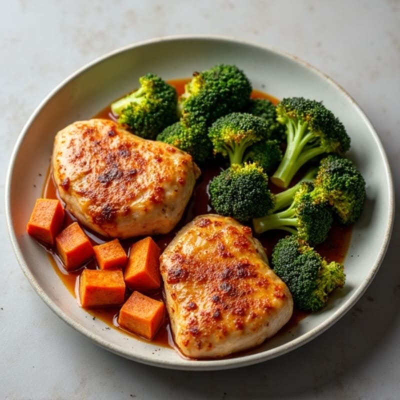 Spiced Chicken Thighs with Caramelized Cinnamon Sweet Potatoes and Crispy Roasted Broccoli