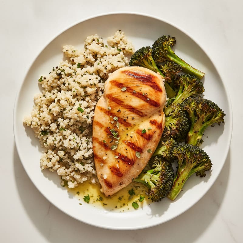 Grilled Lemon Herb Chicken Breast with Quinoa and Roasted Broccoli
