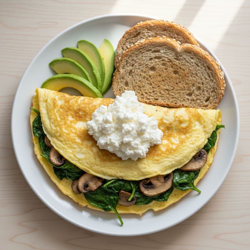 Egg White Spinach Omelette with Cottage Cheese and Sautéed Mushrooms