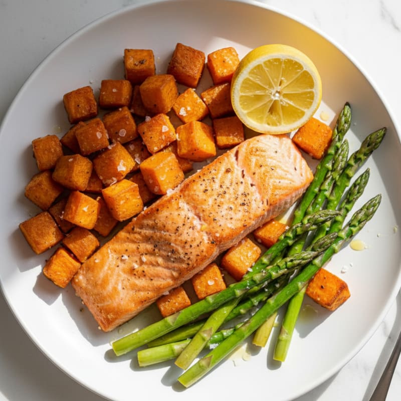 Seared Salmon with Roasted Sweet Potatoes and Asparagus