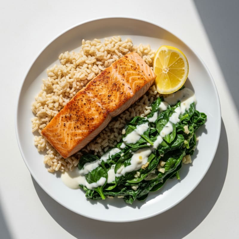 Seared Salmon with Creamy Spinach and Brown Rice