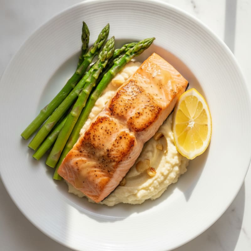 Seared Salmon with Steamed Asparagus and Cauliflower Mash