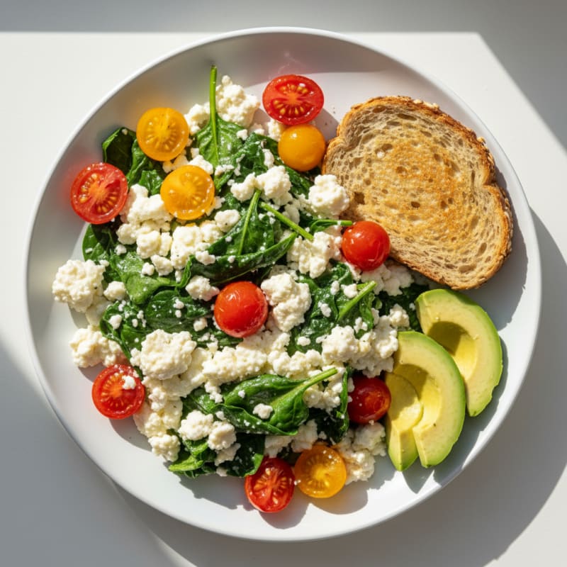 Egg White and Cottage Cheese Scramble with Spinach and Cherry Tomatoes