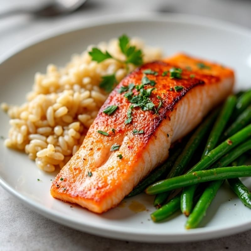 Seared Salmon with Garlic Green Beans and Brown Rice
