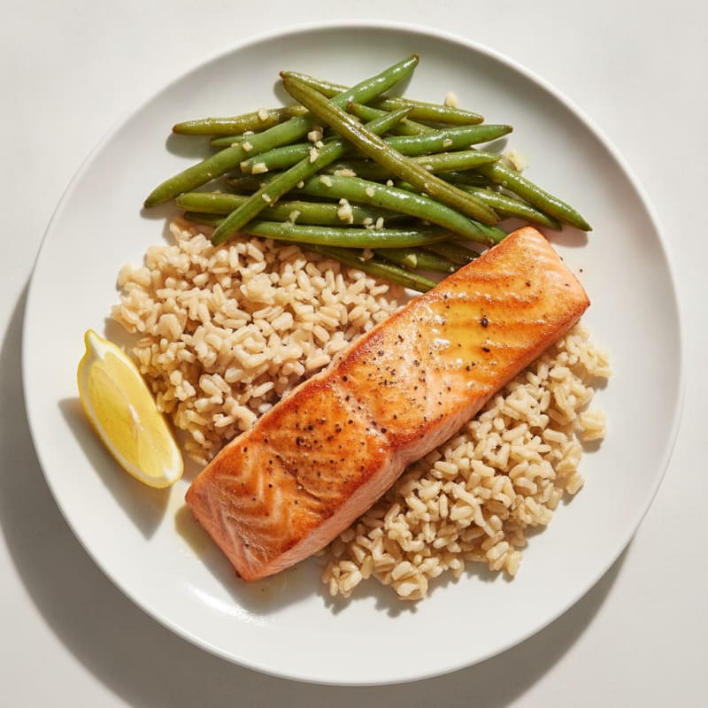 Seared Salmon Fillet with Garlic Green Beans and Brown Rice