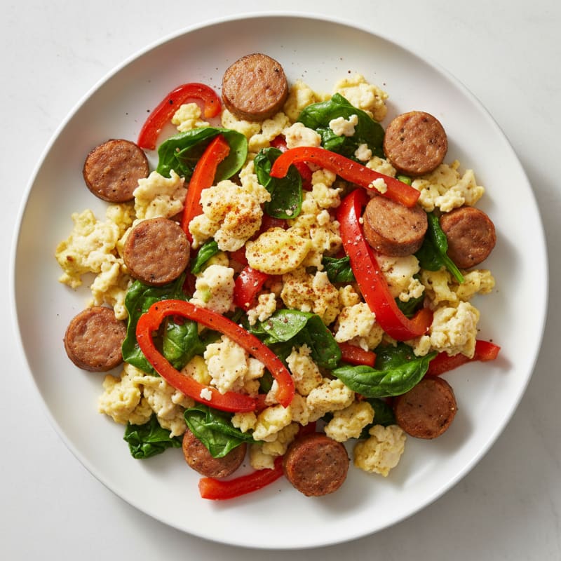 Egg White and Turkey Sausage Scramble with Spinach and Bell Peppers