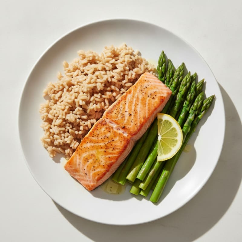 Seared Salmon with Steamed Asparagus and Brown Rice