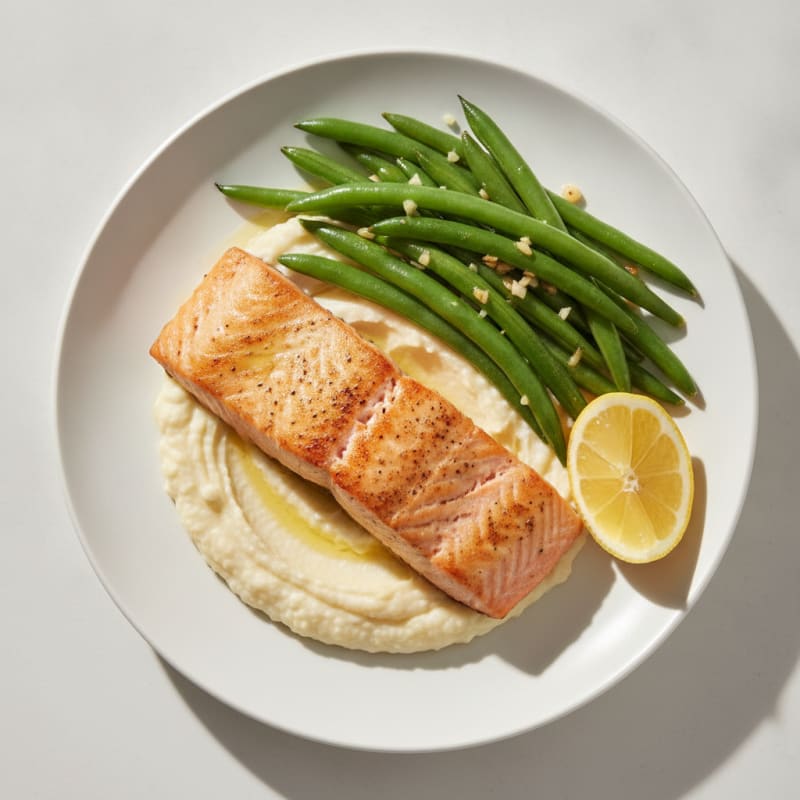 Seared Salmon Fillet with Garlic Green Beans and Cauliflower Mash