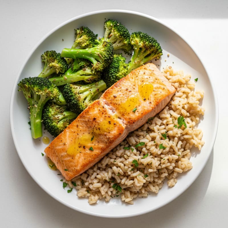 Pan-Seared Salmon with Herb Rice and Roasted Vegetables
