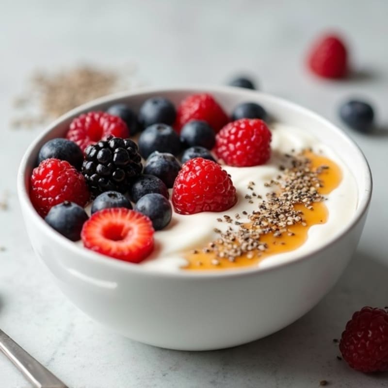 Creamy Greek Yogurt Bowl with Mixed Berries, Chia Seeds and Almond Butter