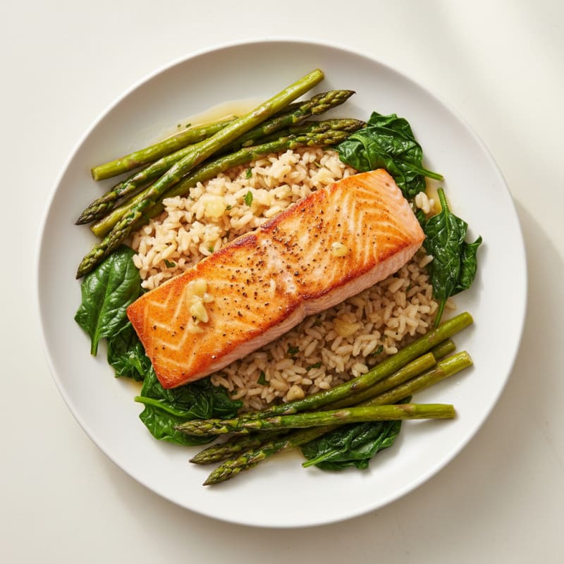 Pan-Seared Salmon with Garlic Rice and Roasted Vegetables