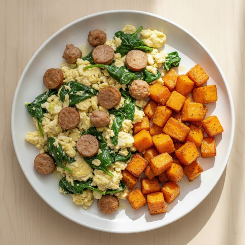 Egg White Spinach Scramble with Turkey Sausage and Roasted Sweet Potato