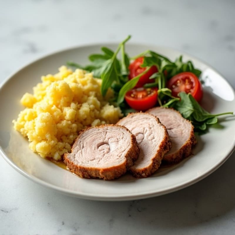 Sliced Roast Pork with Steamed Potato, Fresh Tomato and Arugula Salad