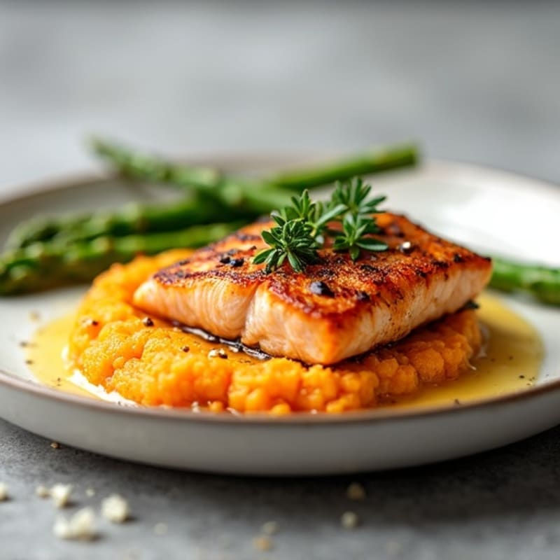 Seared Salmon with Steamed Asparagus and Sweet Potato Mash