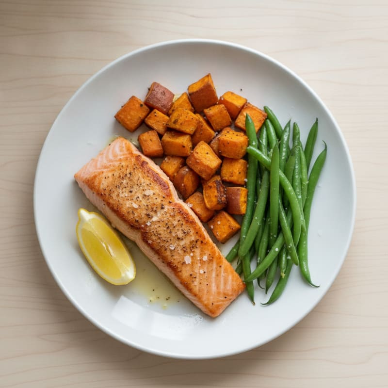 Seared Salmon with Roasted Sweet Potatoes and Green Beans