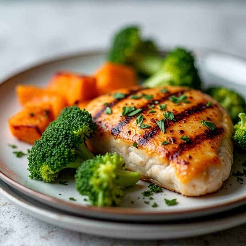Grilled Chicken Breast with Roasted Broccoli and Sweet Potato