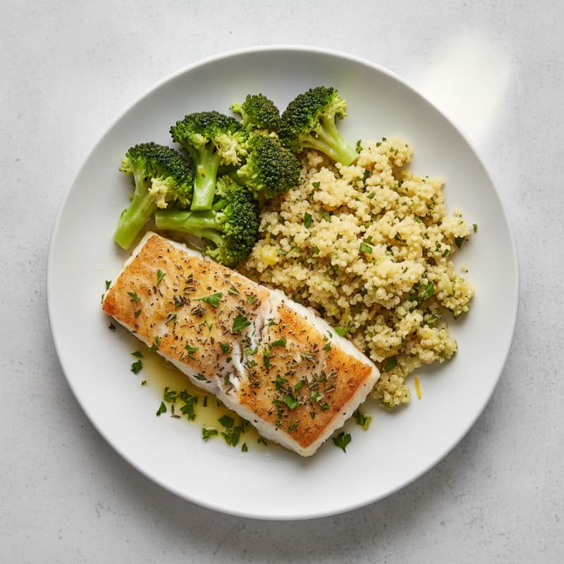 Herb-Baked Cod with Steamed Broccoli and Lemon Quinoa