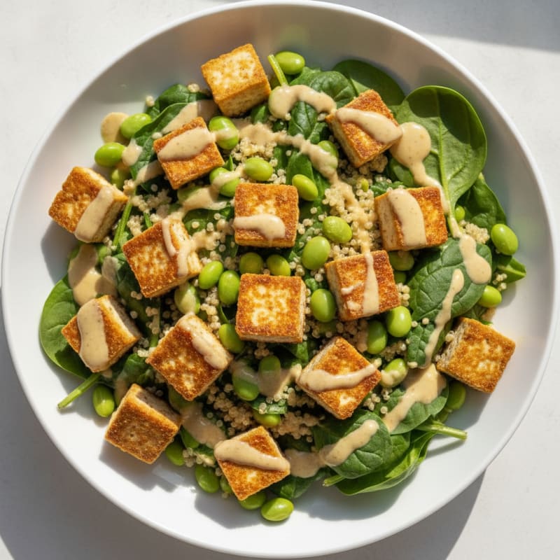 Crispy Tofu and Quinoa Power Salad with Lemon-Tahini Dressing